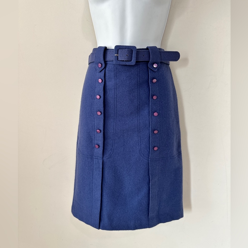 Vintage Violet Blue Belted Wool Skirt WIth Iridescent Front Button Detail Size 6